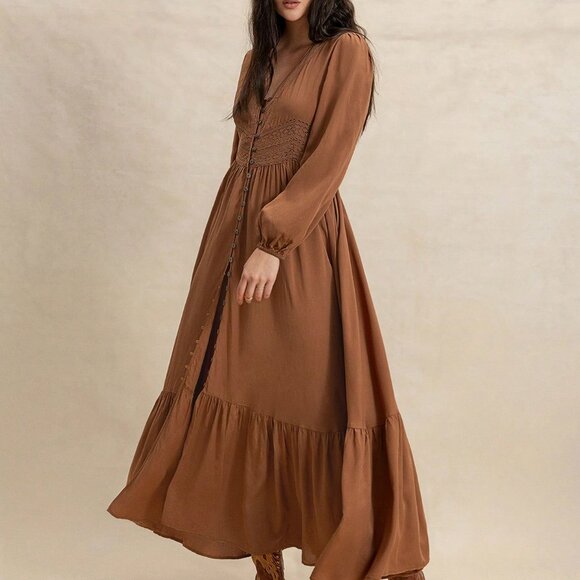 Boho Beauty Brown Women's Cinch Lace waist long sleeve Maxi Dress - Picture 2 of 8